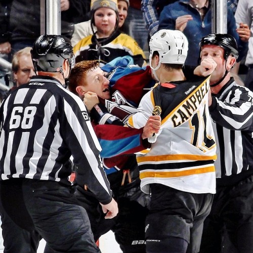 The scene as Gregory Campbell and Cody McLeod dropped the gloves during the first period in Colorado. #NHLBruins #Avs