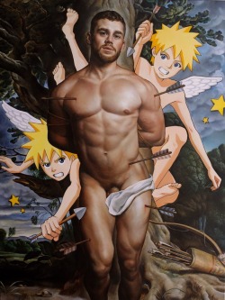 naruki: Virtual St.Sebastian (Matthew Camp as St.Sebastian), 48x36 inches, Oil on Linen, 2017