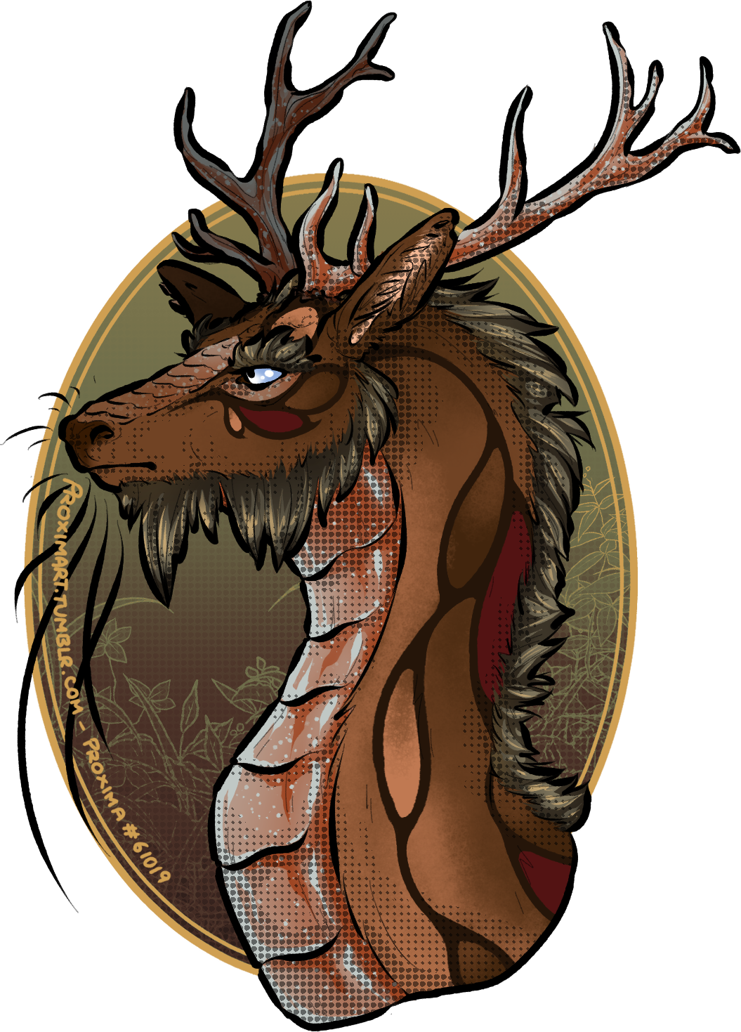 bust of a Flight Rising imperial dragon, drawn in a semi-realistic style with screentone shading. this one has chocolate petals, stone alloy, and copper glimmer genes, and the background is a gold-framed oval with simple wildflowers shapes overlaid on a desaturated green-brown gradient.