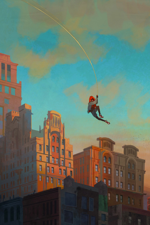 tamberella:Swinging through golden hour![Image ID: Miles Morales swings on his web through the city 