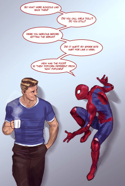 ethereal-insight:  anderz-zombieslayer:  brakken:    The others don’t bring up Steve’s past often because they’re worried it’s a sore subject. But teen Spidey doesn’t have that filter, and is just excited to meet a guy from the 40s. Steve enjoys