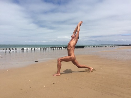 terryoga:Warrior 1. Beach yoga.