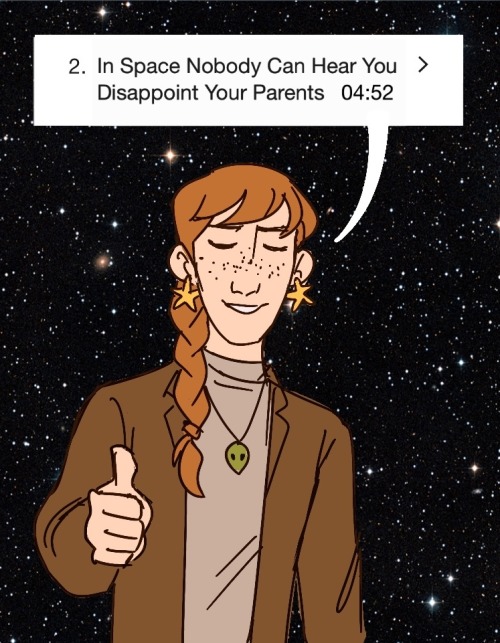 Drawing of Alana Maxwell giving a thumbs up and saying “in space nobody can hear you disappoint your parents”