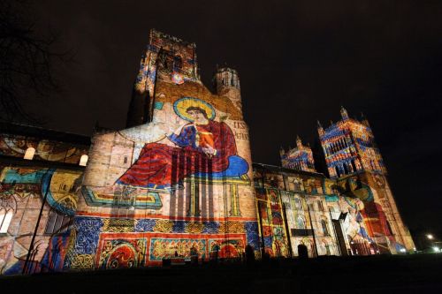 sacrismoon:From http://www.thejournal.co.uk/news/thousands-head-durham-lumiere-festival-6302997 “The Crown of Light” - projections featuring the Lindisfarne Gospels are illuminated upon Durham Cathedral