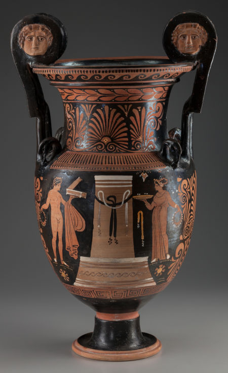 ganymedesrocks:  AN APULIAN RED-FIGURED VOLUTE-KRATER circa 340-320 B.C.. The Krater, attributed to the Group of Copenhagen 4223 obverse with a nude youth and horse within an Ionic naiskos, both in added white, the youth holding a spear and the horse’s