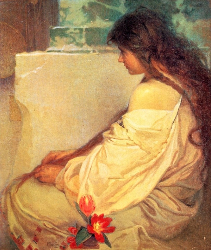 kzmkwoji:  Alphonse MuchaGirl with Loose Hair and Flowers