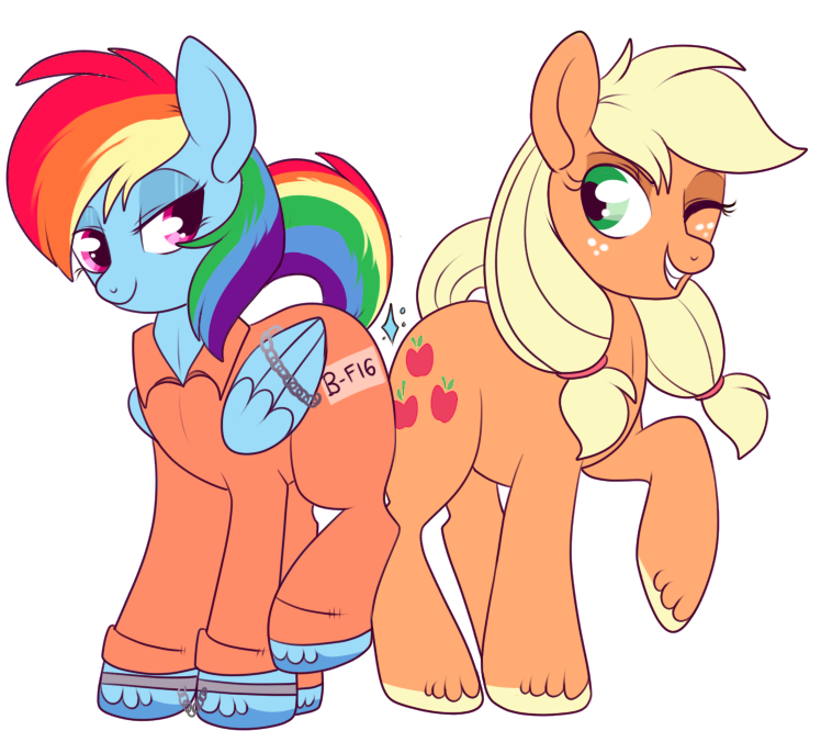 Dash and Applejack together. Partners in crime…. Applejack got away with her crime while Dashie still is stuck in hoof cuffs and prison uniform! Rainbow looks adorable in her jumpsuit. So here’s to more appledash...