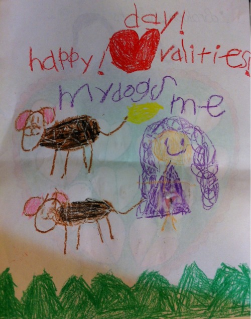 Chloe drew a Valentine’s Day picture for our dogs, Leonard (top) and Vincent (bottom)
