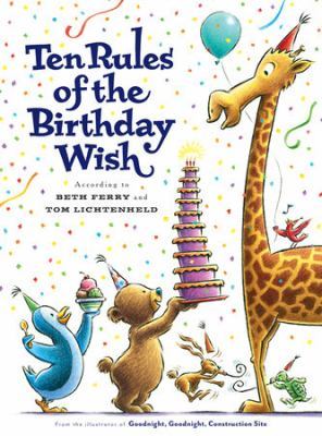 The book cover shows a bear and a penguin bringing a cake and ice cream to a giraffe