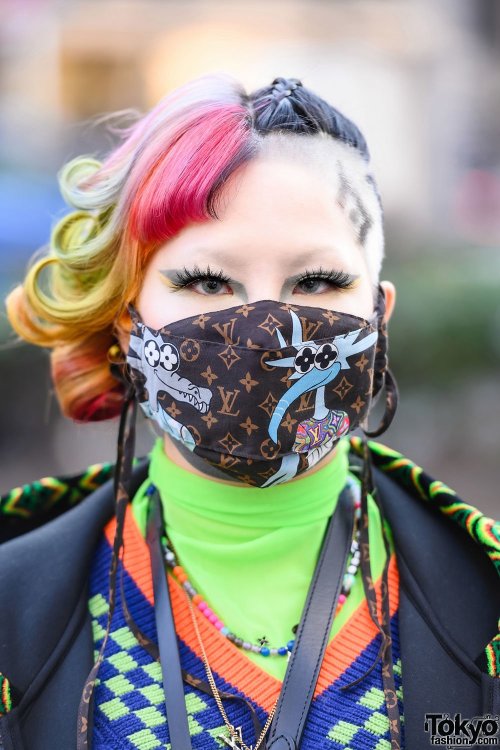 19-year-old Japanese student Mako on the street in Harajuku wearing a full Louis Vuitton style with 