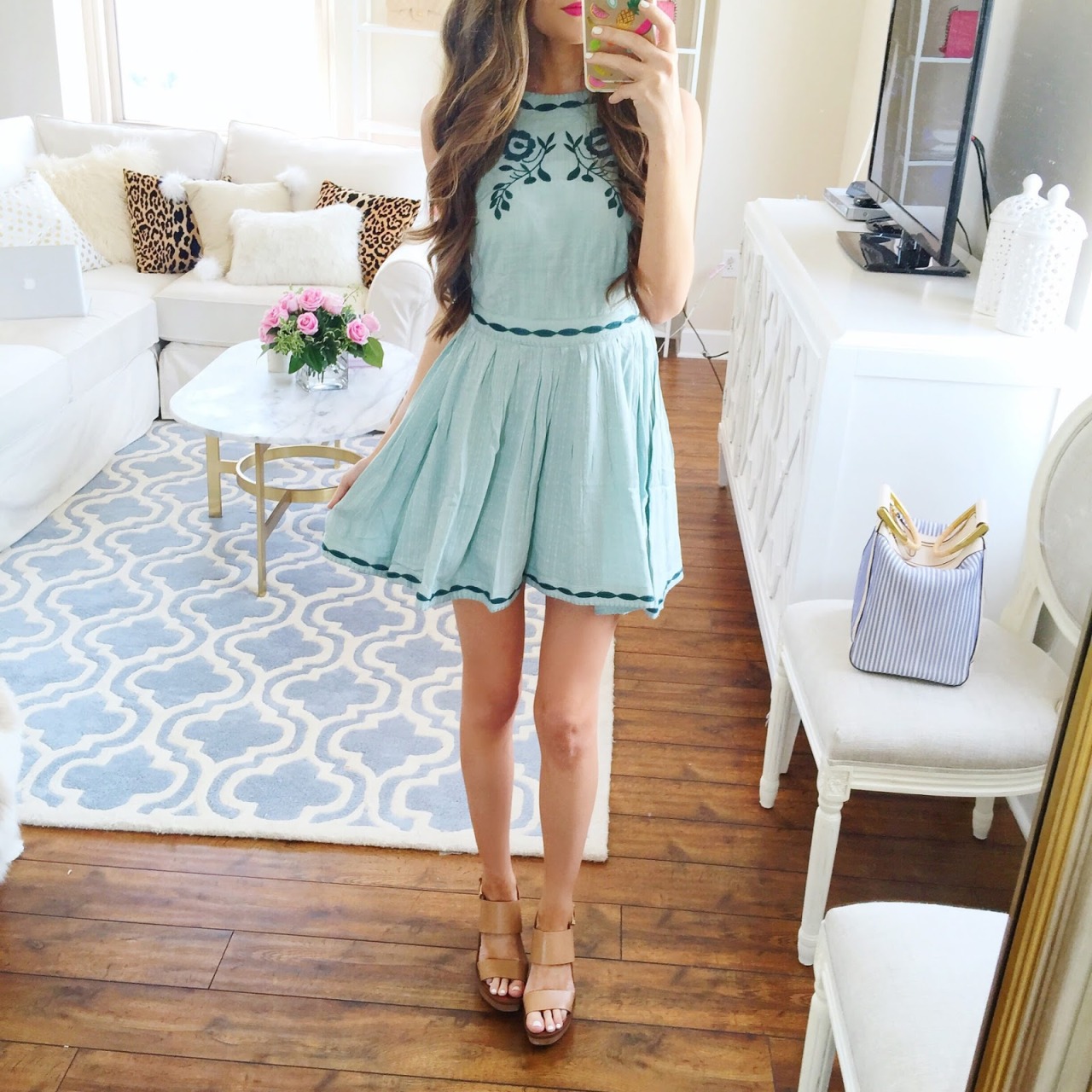 southern-curls-and-pearls:  Free People embroidered dress // Tory Burch wedges //