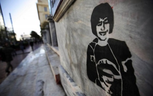 Memorial murals and stencil for Alexis Grigoropoulos, a 15-year-old anarchist who was murdered by po