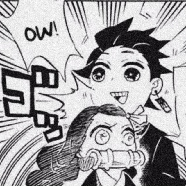 an icon of tanjiro from demon slayer manga. it is drawn in a goofy fashion. tanjiro sits while nezuko wakes suddenly and rams her head into his chin. he exclaims "ow!". he has a doofy smile.