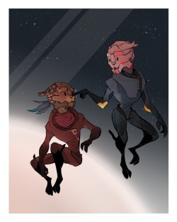 aelwen-art: I always figured like.. in a universe with artificial gravity, sections with micro-gravity would still be a novelty. Hence, two turians on some observation deck.