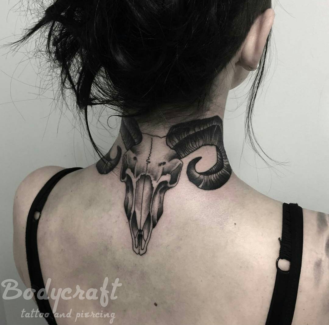 Goat Skull Color Ink Tattoo On Man Neck