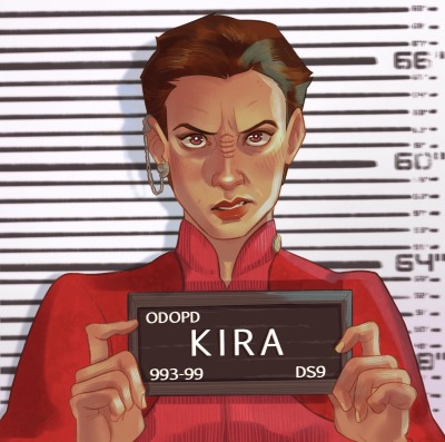 Fanart depicting Kira and Jadzia from Star Trek: Deep Space 9, posing for mugshots.