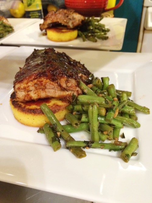 Ribs, polenta cake, green beans.