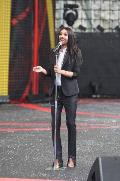 June 27, 2015Conchita at the rehearsal for the Sabat Czarownic Festival in Kielce.In a Karl Lagerfel