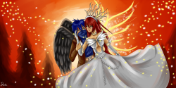 princess-of-destinya:  Jerza week Day 7: Scarlet SkyThe Queen of Fairies as she dances along her Scarlet Sky with the man she loves.My final piece for Jerza week, had my ups and downs. I’m so glad I joined though this was the most detailed piece I’ve