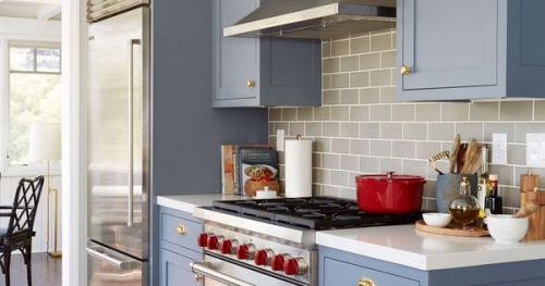 #BagoesTeakFurniture Benjamin Moore Wolf Gray a blue-grey painted kitchen cabinets with patterned fl