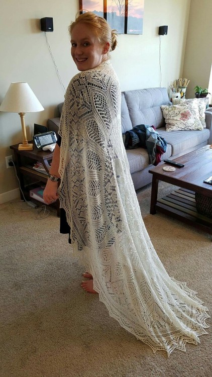 redadhdventures:GUYS. I did it! I finished my wedding shawl!! 1,600 yards of yarn, 3,000 beads, and 