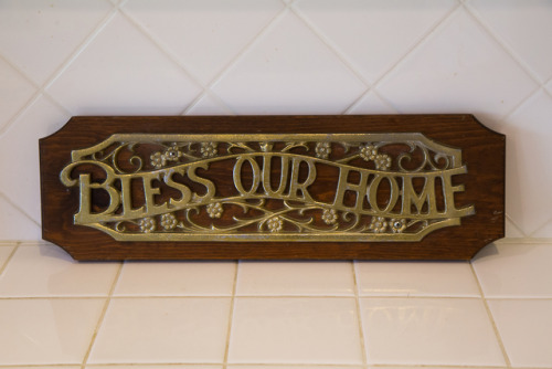 Vintage Wood and Brass “Bless Our Home” Sign