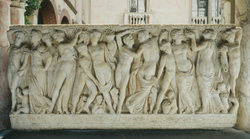 Sarcophagus with revelers gathering grapes. Roman, c. 225. Pentelic marble. Isabella Stewart Gardner