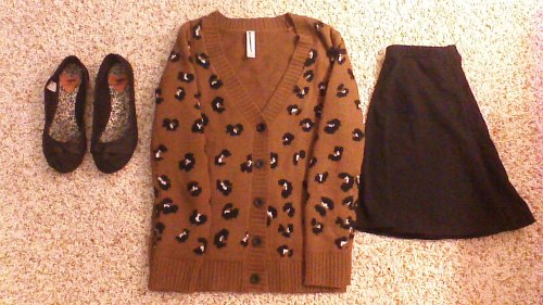 Leopard Cardigan: Cherokee (Good Will) Circle Skirt: B.P. Nordstrom Black Flats: Rocket Dog
