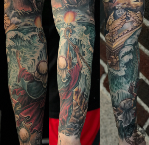 Some finished shots of this Moses and the Ten Commandments freehand sleeve by artist Jonathan Silva 