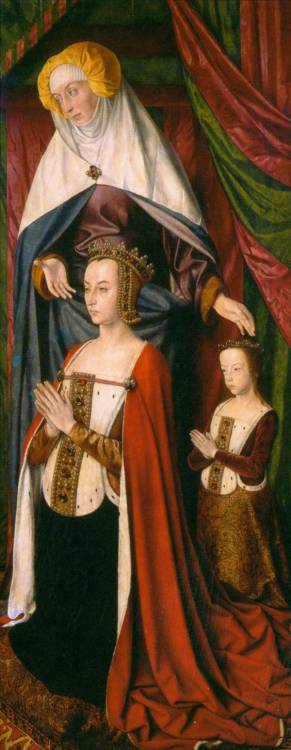 Madonna and Child adored by angels, flanked by portraits of the Duke of Bourbon Pierre II and his wi