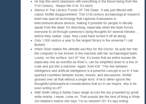 waiting-for-the-tardis:  worthyourweightinfanfiction:  “What’s Wrong With Stephen Moffat?”Rebloggable by request  Oh man, the problems with this post.  Read More  ALL OF THE THINGS IN THIS LINK