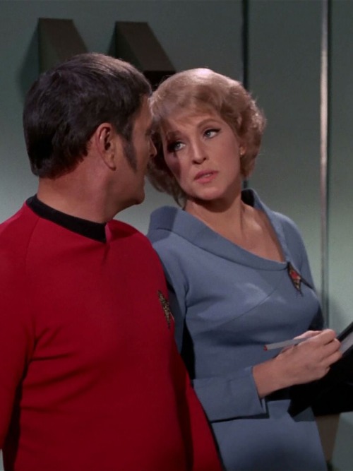 TOS: “The Lights of Zetar”: Christine comments Scotty’s bedside manner.Originally 