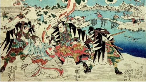 Chūshingura by Utagawa Kuniyoshi.  In a notorious historical act of vengeance, on January 30, 1703, 