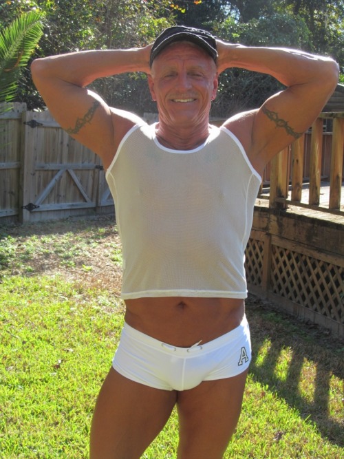 maturemanexhibitionist: Me in some very snug fitting white short shorts. I tried to keep them on as 