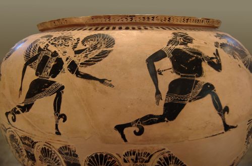 lionofchaeronea: A Gorgon chases Perseus, who has just beheaded her sister Medusa.  Attic black