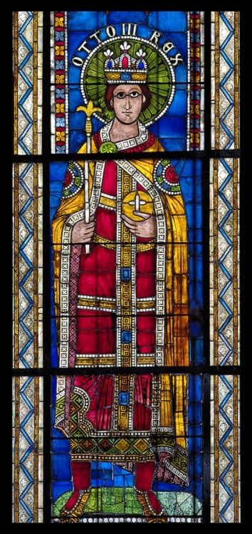 Romanesque stained glass depictions of Holy Roman Emperors in the Cathedral of Our Lady of Strasbour