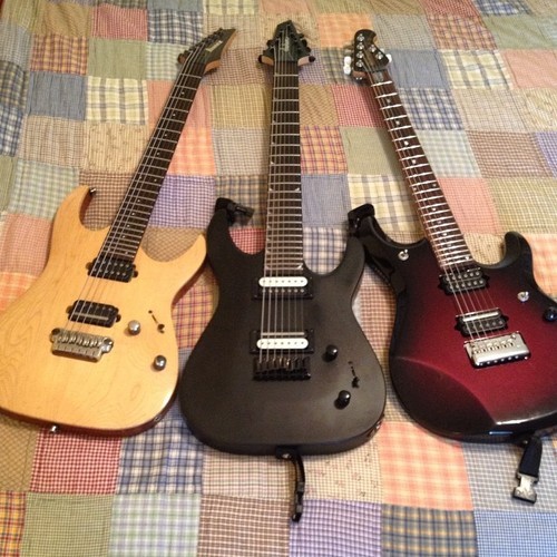 guitar-porn:  Three In The Bed. “My trio full of win. Ibanez RGA121, Jackson JS22-7, and EBMM JP6 Fully loaded” - insomniamerica 