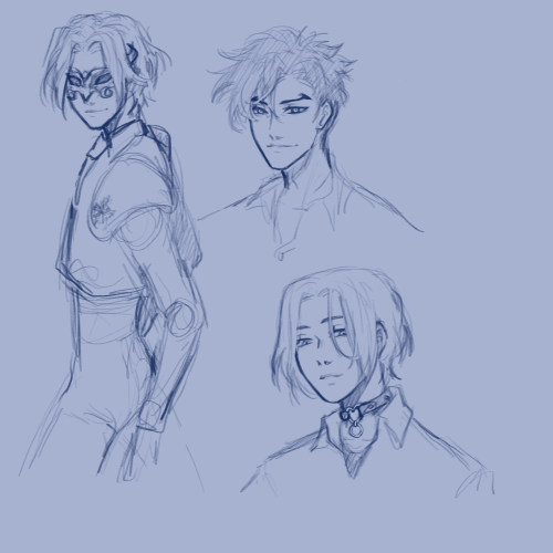 A bunch of doodles and WIPs from my new fandom featuring a bunch of stuff such as undercut Ainosuke,