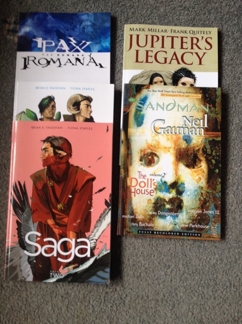 Bought some comics at the weekend: Saga vol 1 & 2 Jupiter’s Legacy vol 1 Sandman vol 2 Pax