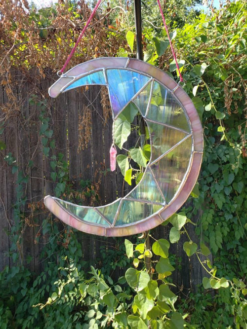 snootyfoxfashion:Crescent Moon and Rose Stained Glass Suncatchers from Gonecoldglass