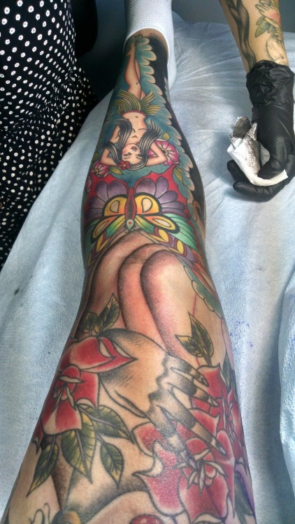 A picture from when I had my leg tattooed. The worst pain was the knee. Knee tattoos hurt so bad!!Ca