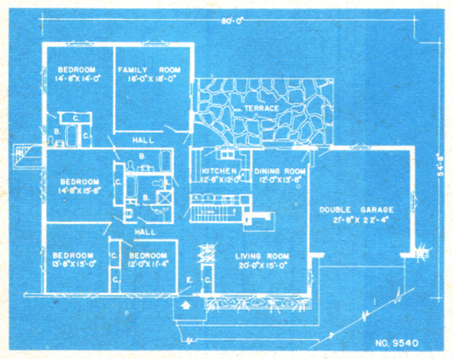 vintagehomeplans:United States, c. 1960: No. 9540A design which is basically a complete three-bedroo