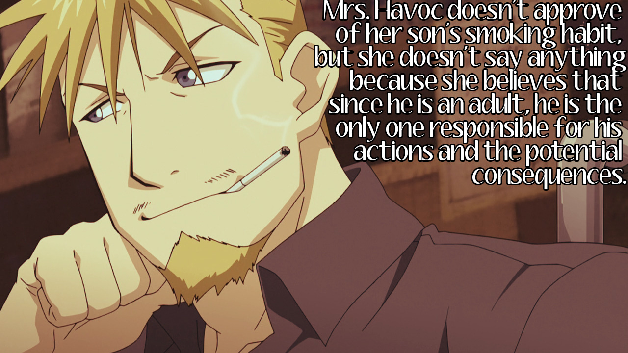 fullmetal-headcanon:   Mrs. Havoc doesn’t approve of her son’s smoking habit,