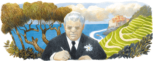 Eugenio Montale’s 125th Birthday   Date: October 12, 2021 Today’s Doodle, illustrated by Aosta