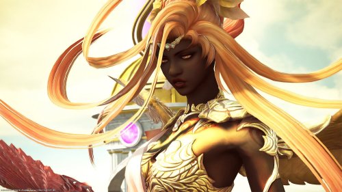 Sun Goddess Azeyma from FFXIV, reimagined with dark skin.