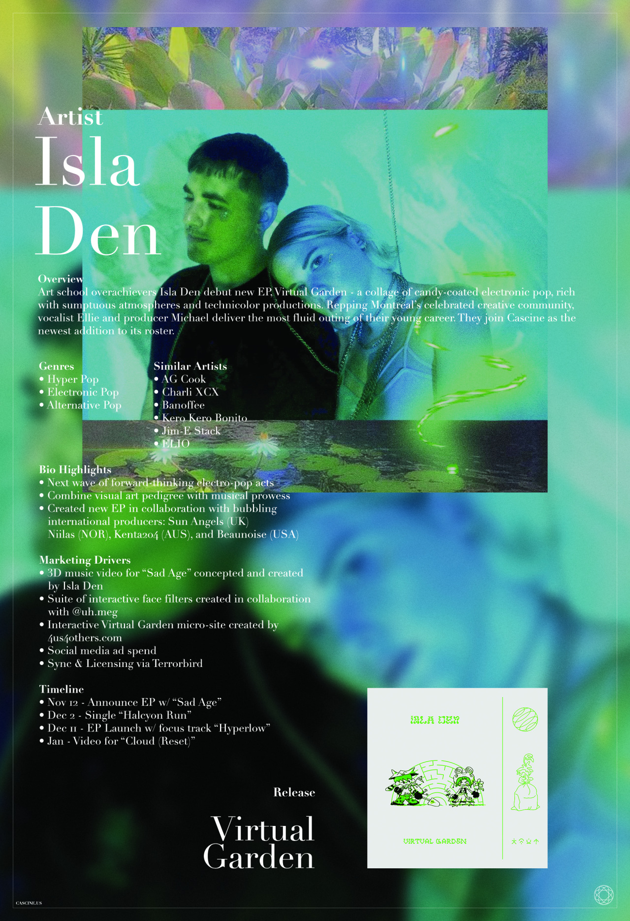 One sheet design and layout for Spencer Zahn and Isla Den, respectively. (For Cascine © 2020)