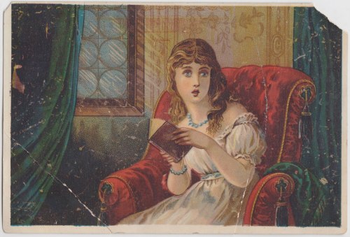 Young lady reading. Illustration on the front of a Victorian trade card for A&amp;P Baking Powde
