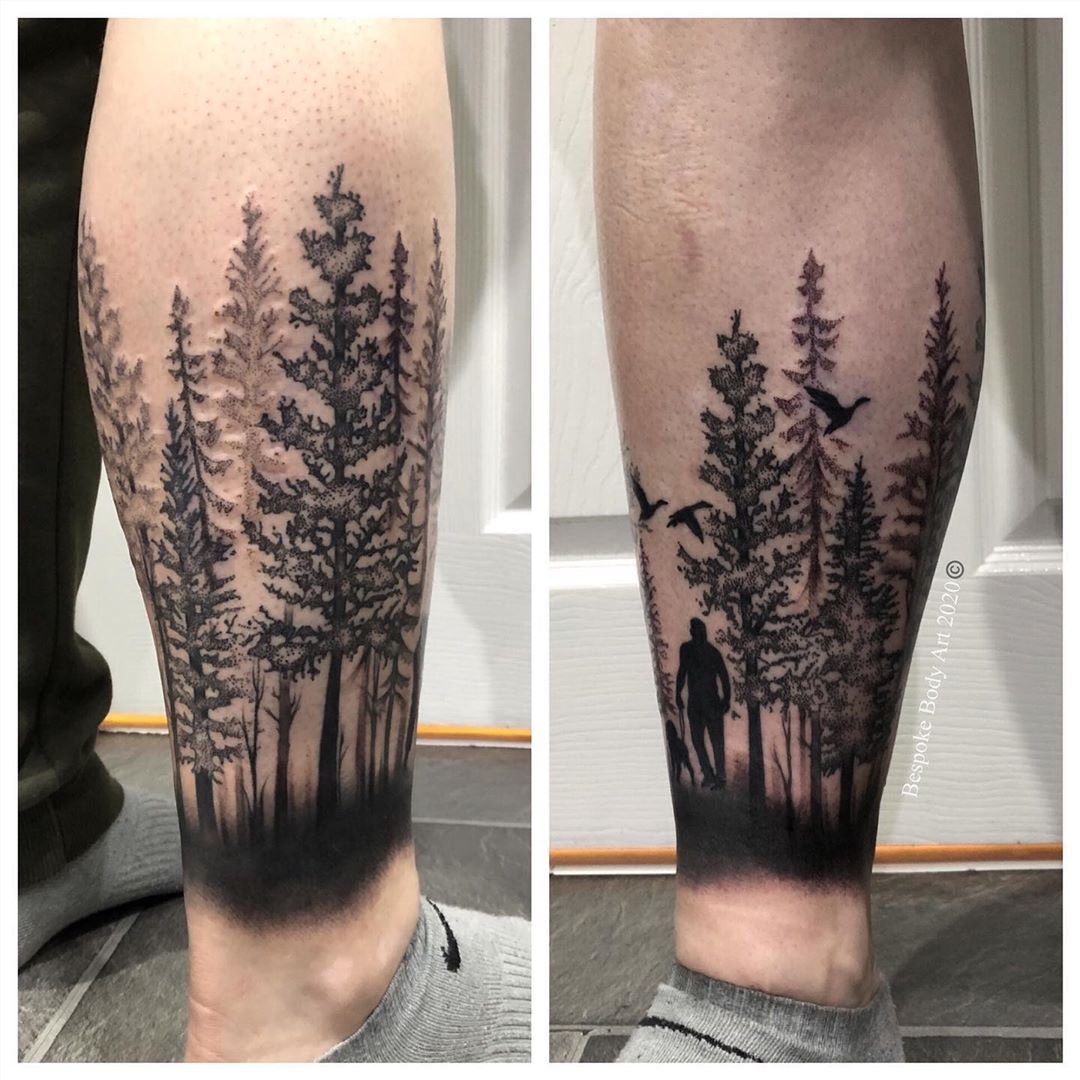 forest scene and memorial tattoo by Caleb Morgan TattooNOW