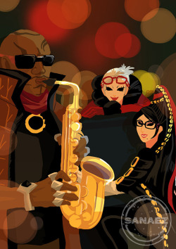 sanaez214:  Bayonetta fan art. One night, I had dinner in the restaurant. The musicians in    the restaurant   were playing “Fly Me to the Moon”. Made me imagine Robin and Bayonetta were playing jazz in Gate of Hell. I would like to draw Luka and