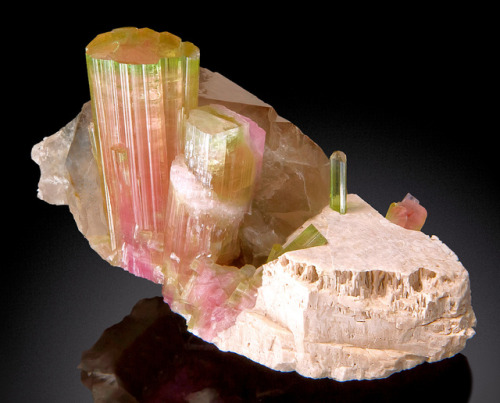 hematitehearts:  Large, Multi-Colored Tourmaline crystals with Smoky Quartz and Feldspar  Locality:&